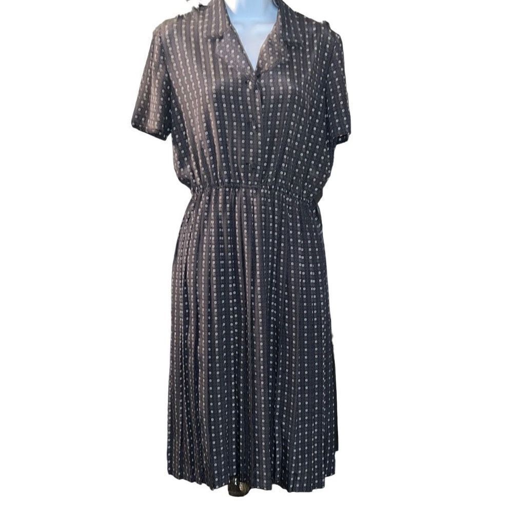 Leslie Fay Women Long Modest Geometric Print Elastic Waist Band Collared Dress P